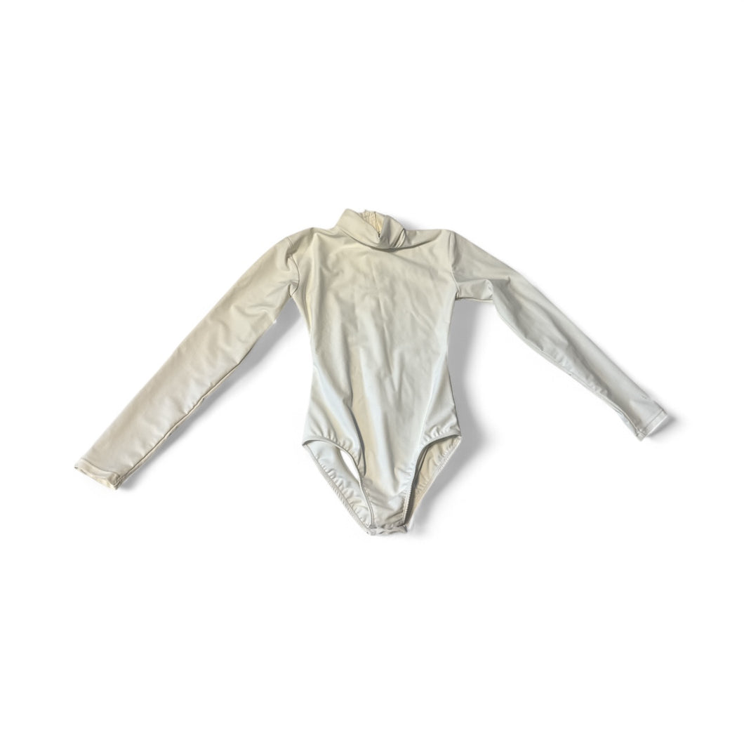 Used Like New- Girls white turtleneck dance leotard, Youth S (7/8)
