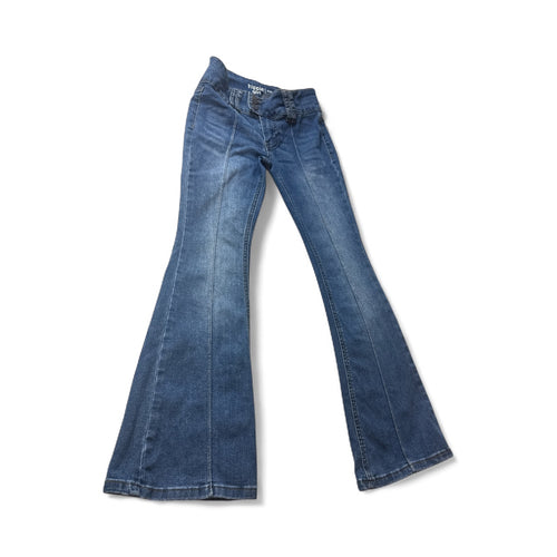 Used Good- Hippie Girl (Dillards)mid-rise super flare jeans, size 8, adjustable waist tabs
