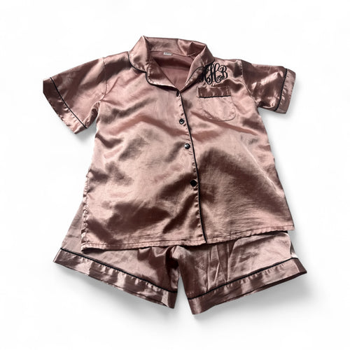 Used Good-Satin pink pajama set, youth M (10) (HBH monogram)