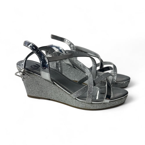 Used Good- CM silver scrappy wedge sandals, youth size 2