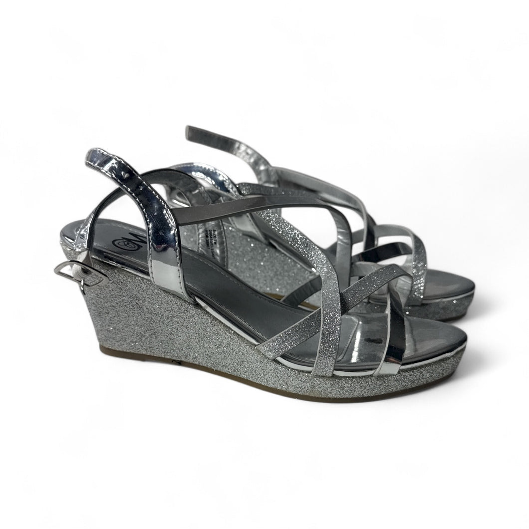 Used Good- CM silver scrappy wedge sandals, youth size 2