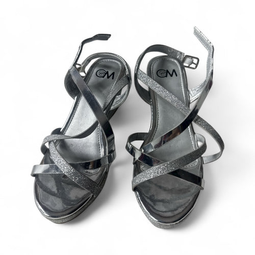 Used Good- Silver Slippers strapped silver sandals, youth size 2