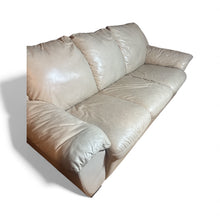 Load image into Gallery viewer, Used Good- Leather sofa (ivory), no tears, has a full sleeper but the frame is bent and has not been repaired. Pet free &amp; smoke free home. 7’ (L) x 3’ (w) x 34” (h)