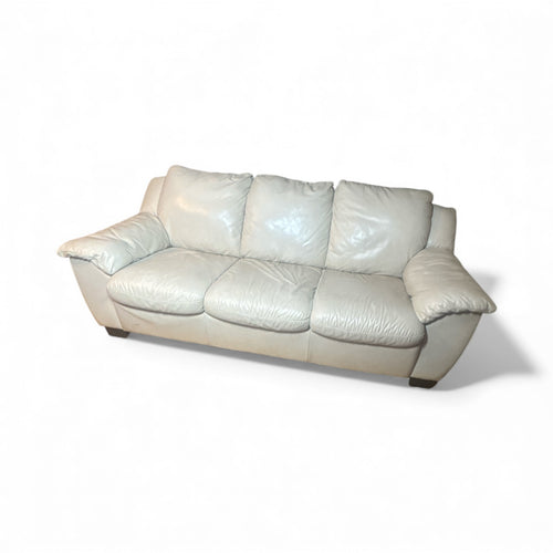Used Good- Leather sofa (ivory), no tears, has a full sleeper but the frame is bent and has not been repaired. Pet free & smoke free home. 7’ (L) x 3’ (w) x 34” (h)