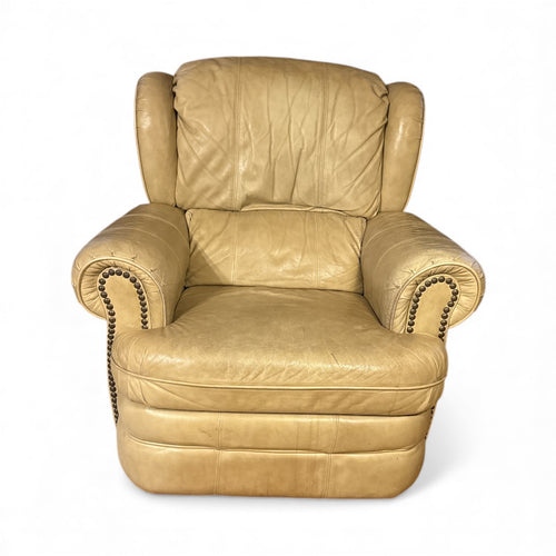 Used Fair- Leather recliner (ivory), tip of handle is torn, rest is in fair condition.Pet free & smoke free home. 33” (L) x 37” (w) x 37” (h)