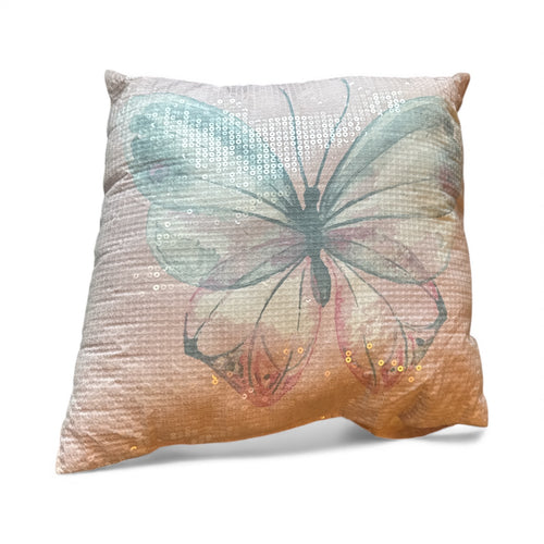 Used Fair- FREE- butterfly sequin throw pillow, rip on side that can be easily sewn . Pet free & smoke free home. 14 x 14