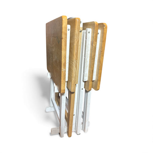 Used Worn- set of 4 heavy duty wooden tv trays with stand. 1/4 is different.