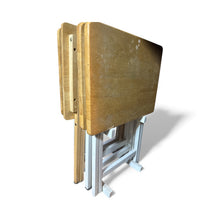 Load image into Gallery viewer, Used Worn- set of 4 heavy duty wooden tv trays with stand. 1/4 is different.